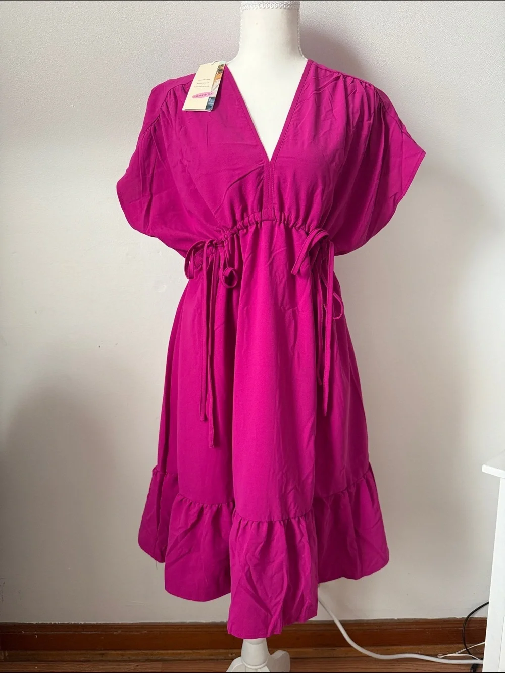 Dokotoo Fuchsia V-Neck Drawstring Midi Dress